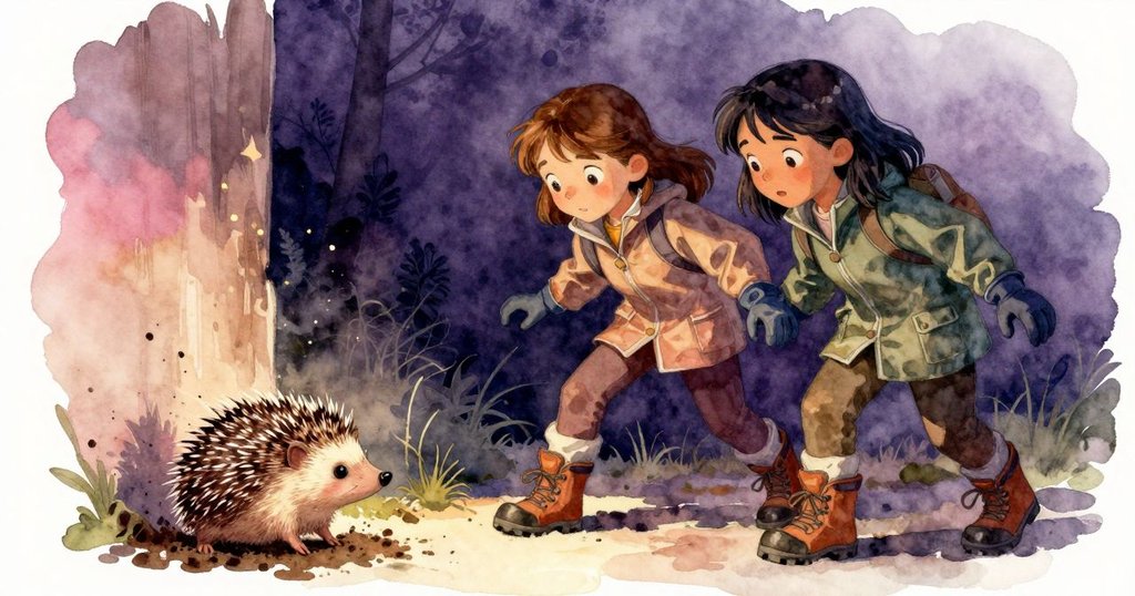 刺蝟突然從樹根處衝出，泥土飛散，兩女孩停下驚愕凝視，緊張情緒彌漫整個森林場景
