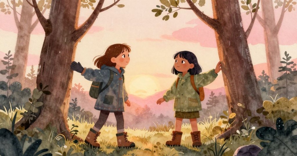 兩女孩終於走出樹林泥濘，靜謐清空中支撐枝條靠在明亮樹幹上，雨滴輕灑臉龐流露輕鬆喜悅