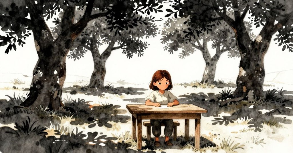 Neve在樹林中的木桌前檢查木板，背景有柯克橡樹，陽光灑落呈現溫暖氣氛，神情專注