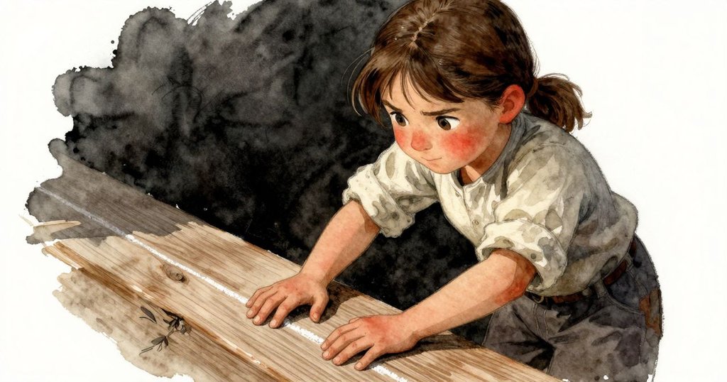 Neve用拇指觸摸有斑駁紋理的木板，細緻的粉筆痕跡映襯其仔細觀察，背景展現自然環境