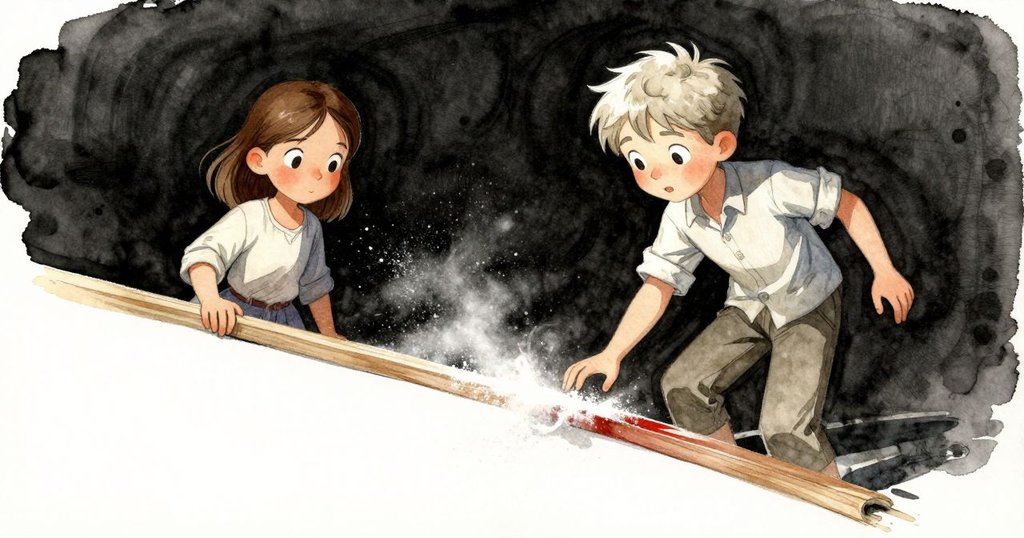 在強光映照下，木板邊緣彷彿鉸鏈般捲起，粉筆塵隨之飛舞如微小海島，場景展現動態轉變