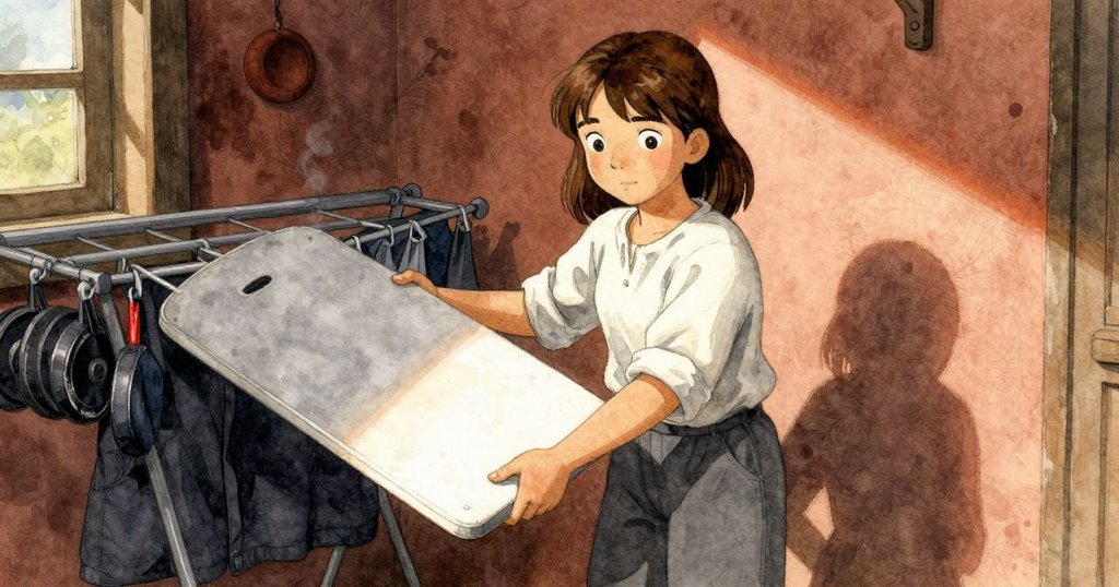 Neve在室內工作間中從晾架取下木板和石重，牆面呈現橘紅色，光影和諧，流露專注神情