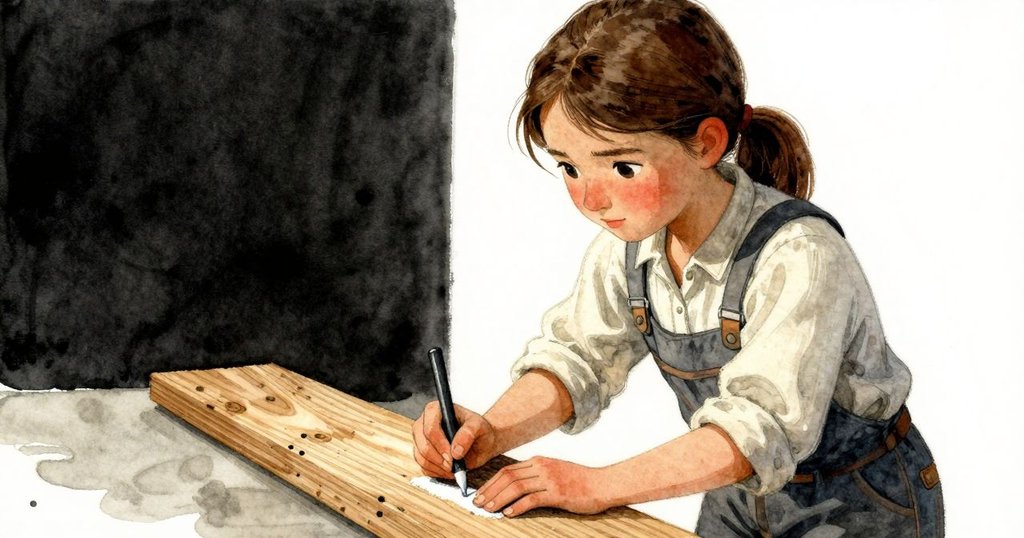 Neve仔細敲擊有斑點的木板並用粉筆記號，臉上流露出滿意和深思，木板紋理猶如海岸線