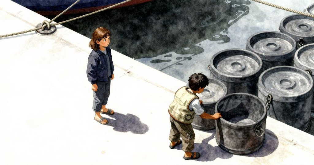 妮娜在碼頭上忙碌檢查繩索，旁邊澤克在計算空桶，高處俯瞰整個碼頭，充滿活力和細節。