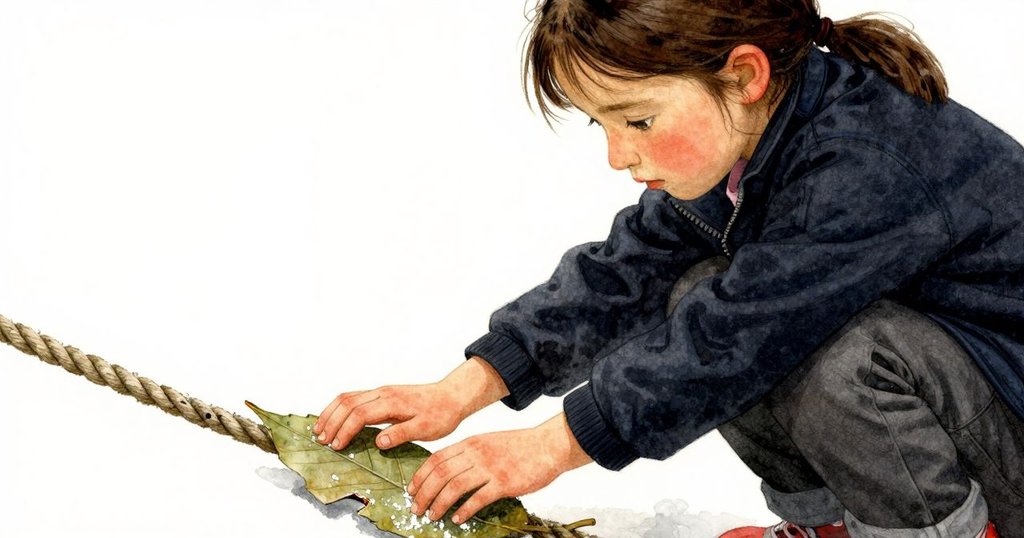 妮娜專注輕觸舊繩，鹽晶與破葉細節清晰，她小心探索歷史痕跡，充滿溫柔與好奇。