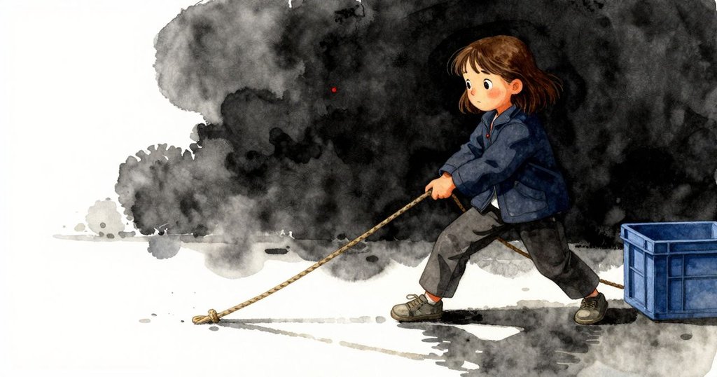 妮娜拉扯繩索，藍色箱子和水中倒影相映成趣，她面帶堅定神情展現出緊張情境。