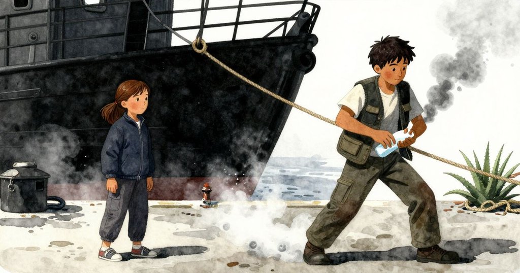 澤克調整靴子檢查桶子，妮娜在繩上塗抹蘆薈凝膠，周圍瀰漫著柴油煙霧與涼意水流，氣氛變幻。