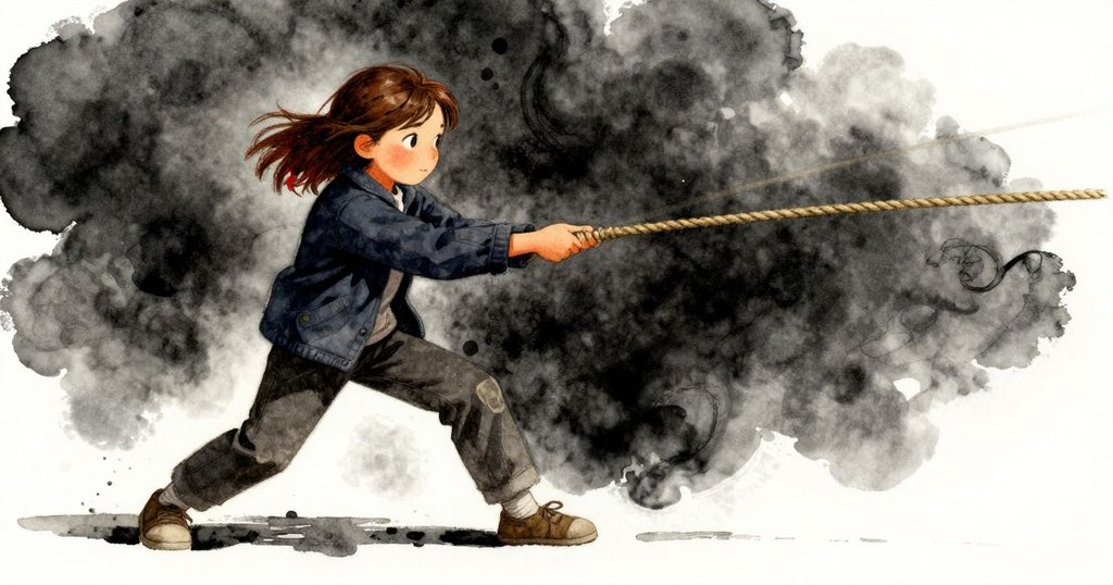 妮娜奮力一拉，繩索猛然脫困，動感十足展現出緊急與果斷的瞬間。