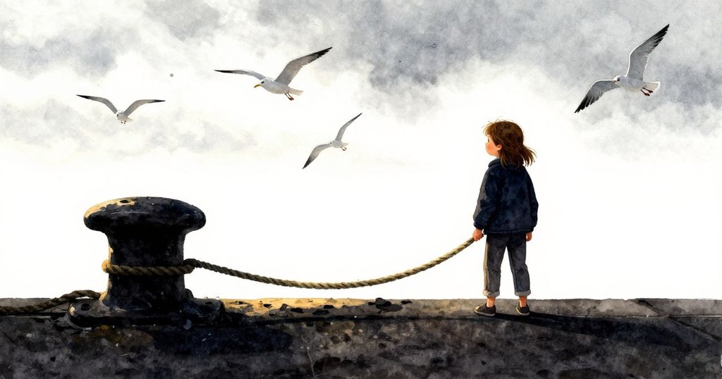 妮娜將繩索牢牢套在獨特柱子上，頭頂海鷗翻飛，望向新地平線，充滿成就與希望。