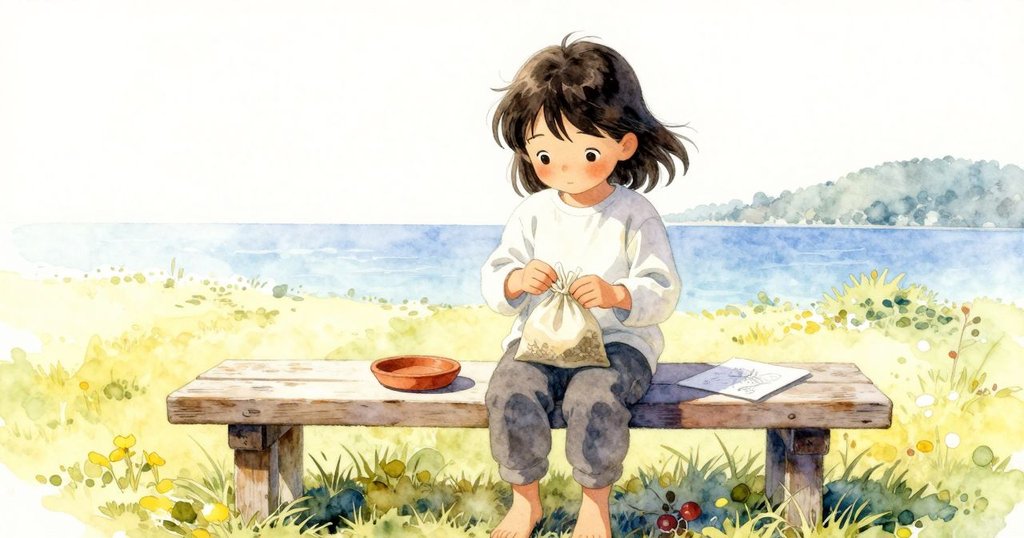 花娜坐在戶外木板旁,微調身體引起物品輕輕移動,紙袋、陶盤和稿本隱約出現,氛圍溫暖