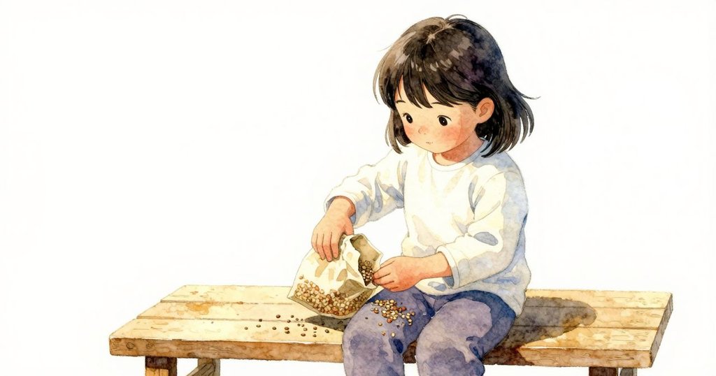 花娜的手以輕柔動作灑出種子,扭曲視角展現動感與溫暖木質背景,充滿藝術氣息