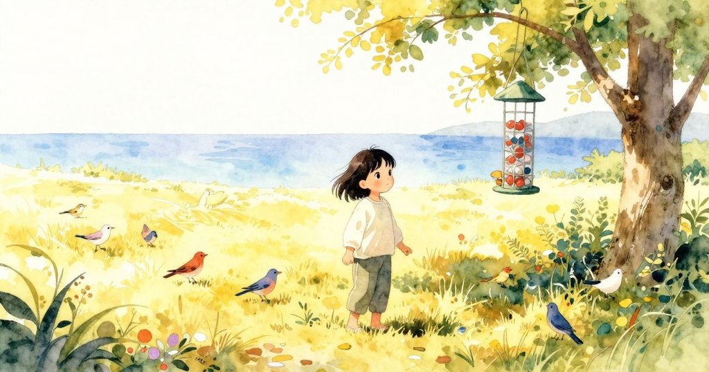 夏日景象中,花娜的飼料器被鳥群與綠樹環繞,夕陽斜射營造出溫暖生氣盎然的氛圍