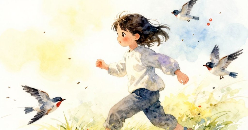 鳥兒迅速起飛,種子隨風飄散,動態軌跡描繪出自然生機,花娜的飼料區充滿活力