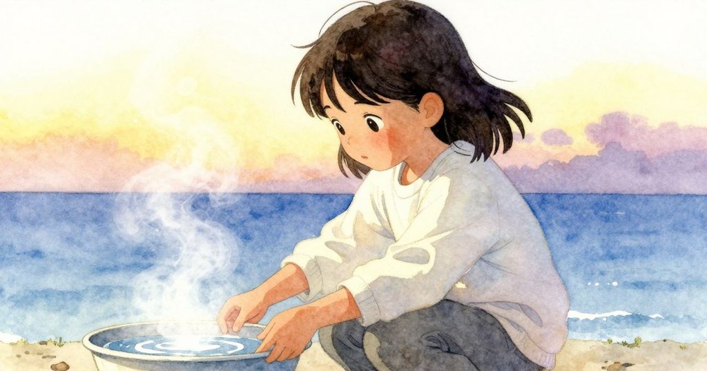 花娜平靜地坐著,凝望冒著細微蒸氣的水盤,柔和光線映襯下,透露出沉思和神秘感