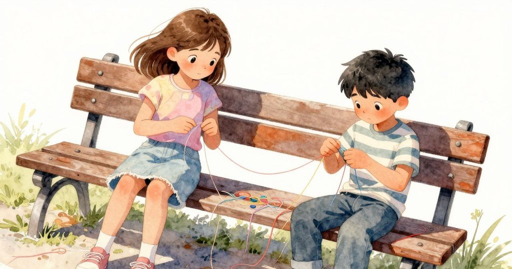 Gemma和Lyle在溫暖午後公園長椅上動作展現,用傾斜角度捕捉線團與努力編織的情景