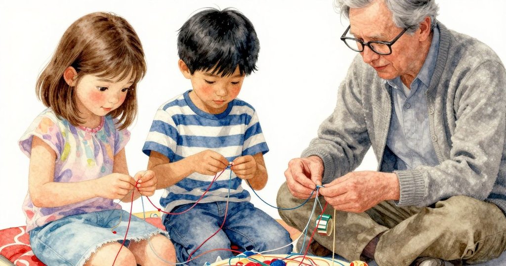 Gemma專注操作紫色線材,其手部細節突顯出素材質感和溫柔精確動作,場景溫暖柔和