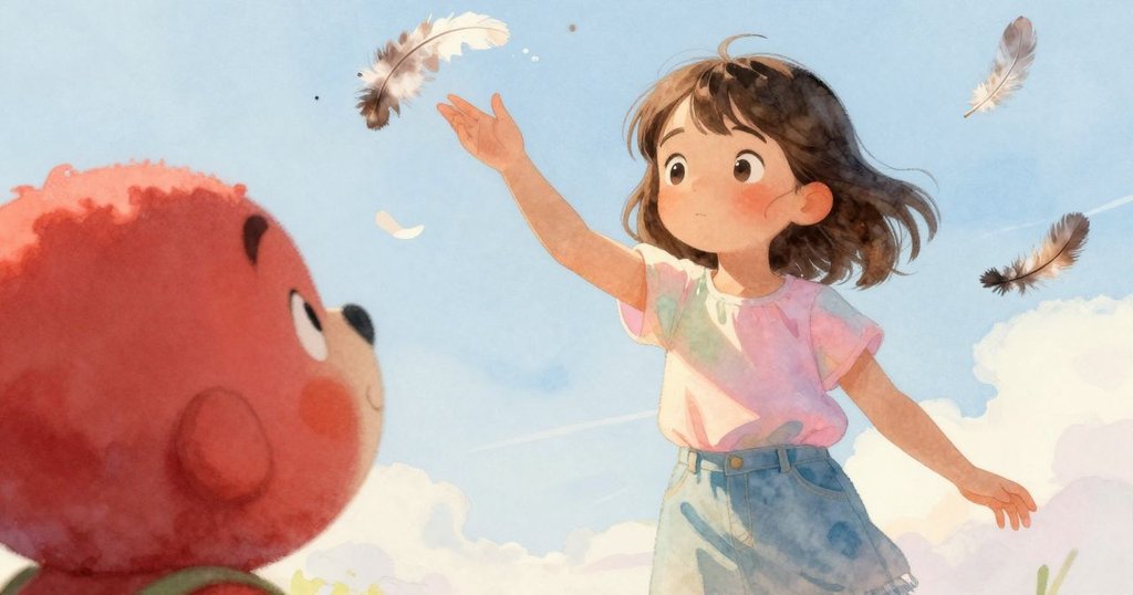 從低視角看見Gemma輕撥飄落羽毛,背景柔和光線與飄逸線條展現自然動態與專注情緒