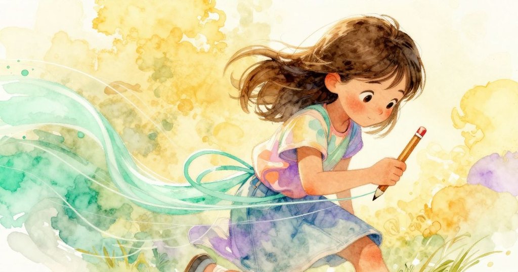 Gemma利用鉛筆快速調整被困緊的薄荷色線材,動態線條顯示出急促而精確的動作,充滿專注精神