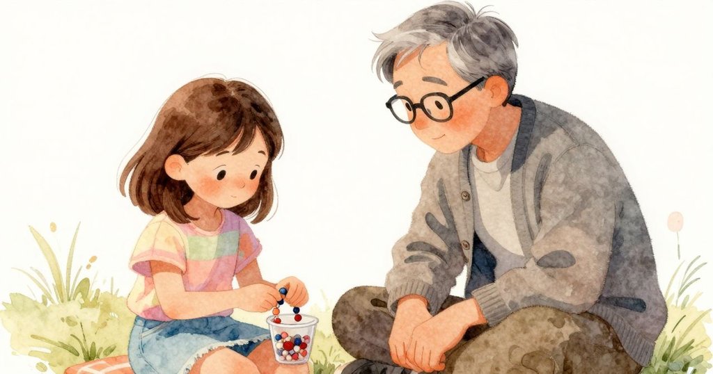 Gemma將完美手鐲輕放入玻璃珠杯,成人旁觀共享成就感,充滿溫馨與寧靜的午後聚會情景