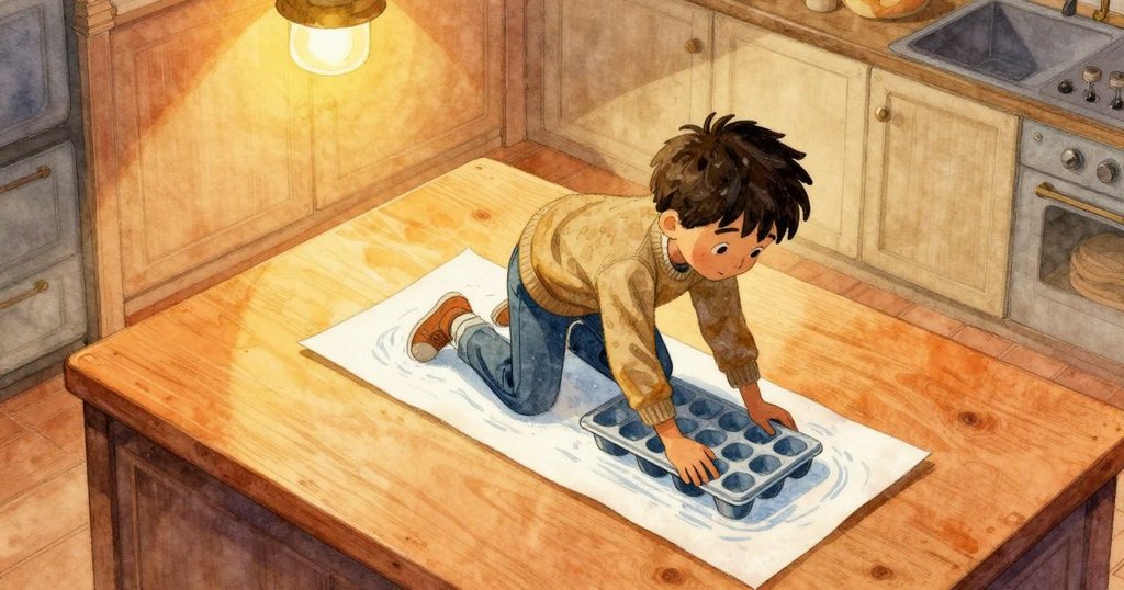 Nolan在溫暖廚房中從上空視角推動冰盒，報紙散落與櫥櫃相映，神情專注展現開始創作的動感。