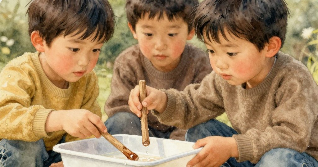 Nolan的手部特寫，輕巧地用木棒敲打冰格，細膩展現觸感與聲響，突顯實驗中的溫馨專注。