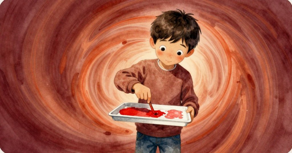 Nolan運用手腕在冰盒中混合紅色顏料，畫面扭曲呈現旋轉的色彩，營造出創作瞬間的神秘動感。