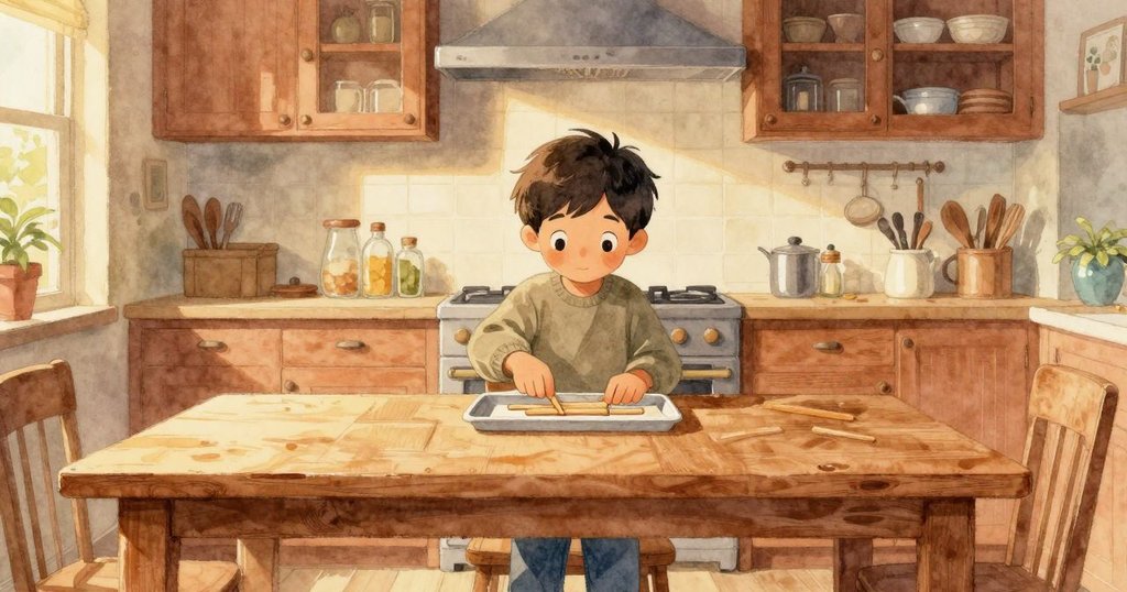 Nolan緩緩放下仍帶彩痕的木棍，背景為散落報紙與冰盒，整個場景安靜溫馨，展現創作終章的滿足與告別。