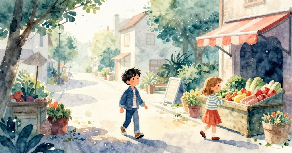 Drake 與 Luna 在清晨走向農貿市場，攜帶紙袋，背景有晨光灑落與溫馨的市集風情，充滿期待情緒