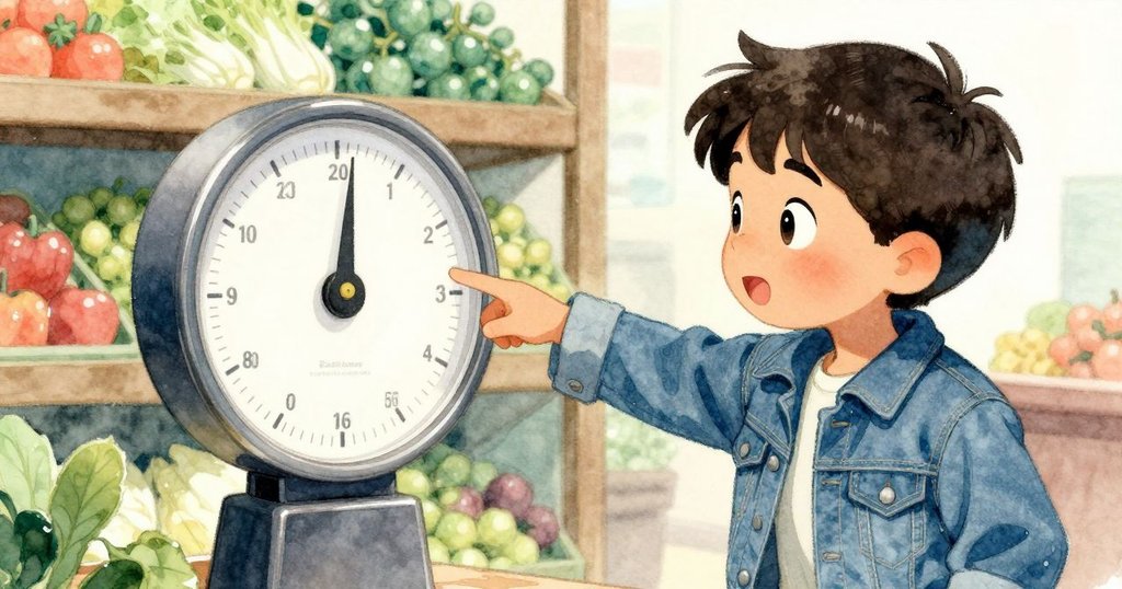 Drake 指著金屬磅秤上跳動的指針，臉上充滿疑惑，背景展現擺放整齊的柑果與明亮的光線