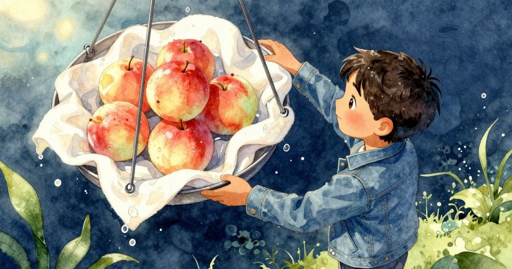 從高處角度看，Drake 正輕輕蓋上布料於金屬磅秤上，旁邊疊放著果實與滴落的水珠，充滿好奇與探索感