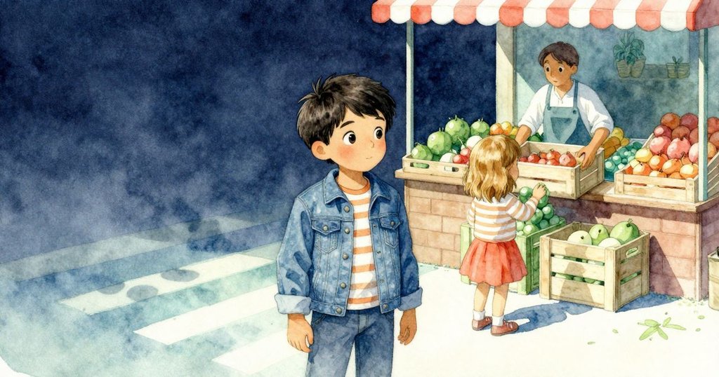 在市集邊緣，Drake 與 Luna 注視移動中的攤販和箱子，光影交錯間，表情顯露出穩重與等待的情感