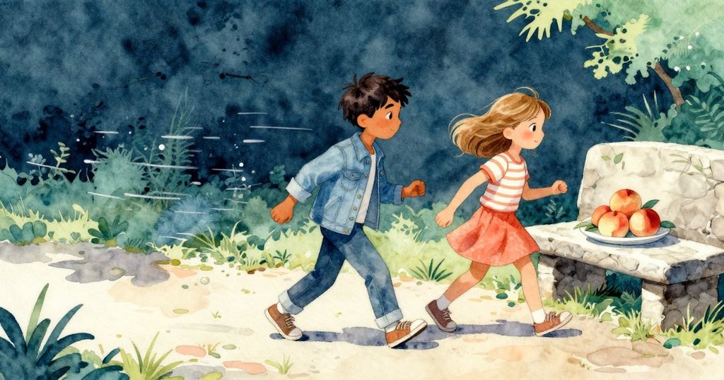 Drake 與 Luna 趕往石板凳旁讓水果降溫，臉上洋溢著活力與期待，動態穿越陽光斑駁的路徑