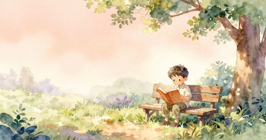 西拉斯坐在木椅上閱讀，周圍有青草、向日葵殼和晨霧，呈現溫暖平靜氛圍