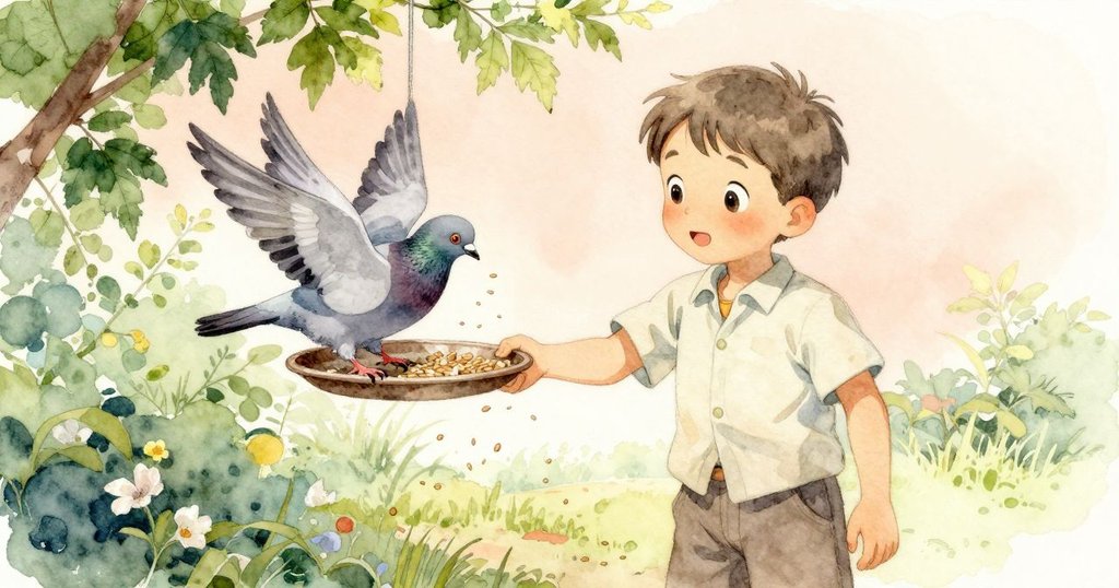 西拉斯從椅子上站起，鸽子降落於饲料盤上，種子被風吹散，環境自然輕快