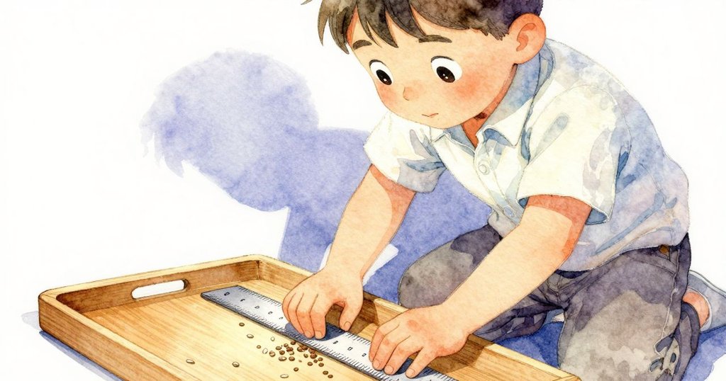 西拉斯的手正小心使用金屬尺固定托盤，近距離呈現散落種子與木質細節，動作專注