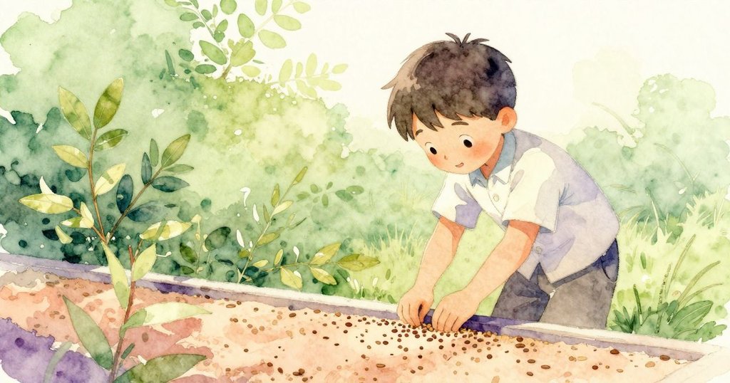 西拉斯在中午陽光下穩定地向托盤倒入種子，背景有古老雪松板及輕微木頭吱吱聲