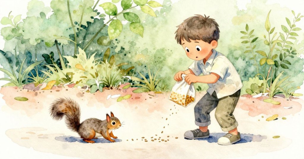 西拉斯迅速捏住漏種子信封，旁邊灰松鼠在小徑邊警覺傾聽，動態捕捉自然反應