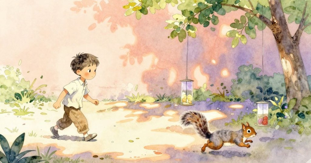 西拉斯滿意地退後，目送灰松鼠穿越落葉奔向遠方，背景展現開闊自然地平線，氣氛平和