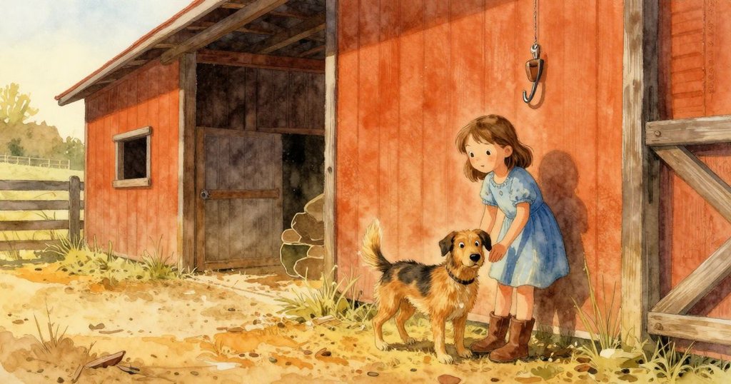 Gemma在清晨的穀倉前好奇地探查空掛鉤, 狗狗旁邊輕嗅堆放的麻袋, 農場背景展現溫暖日出