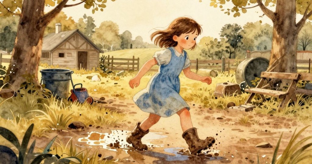 Gemma踏著沾滿泥土的靴子走向山羊圈, 地面上水坑映出晨光, 雞隻輪廓在背景隱現, 氛圍積極