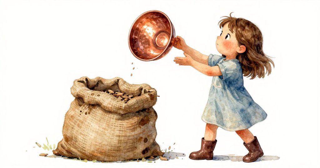 Gemma專注地用手將倒置的金屬碗翻正, 堆放穀物的麻袋在旁, 金屬光澤與陰影形成鮮明對比, 氣氛緊張