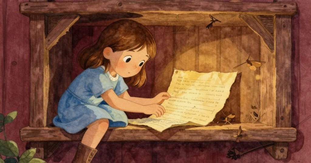 Gemma在穀倉角落發現一本泛黃的筆記本, 手輕觸筆記本, 陽光輕照其邊緣, 背景中山羊靜靜陪伴, 氣氛神秘