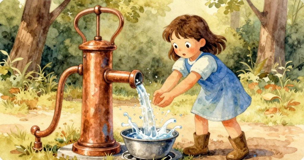 Gemma在農莊泵水, 水珠在金屬碗中飛濺, 她用力搖動碗, 陽光下水花四散, 氣氛充滿活力