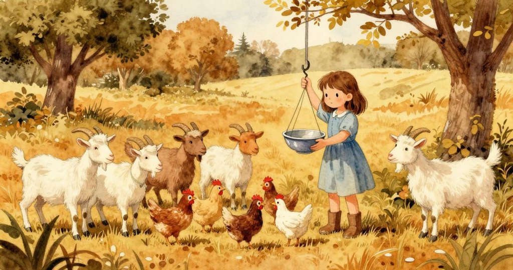 Gemma將裝滿穀物的碗掛回掛鉤, 山羊、雞群與兔子圍繞, 農場充滿溫暖平靜的重逢感, 故事完滿落幕