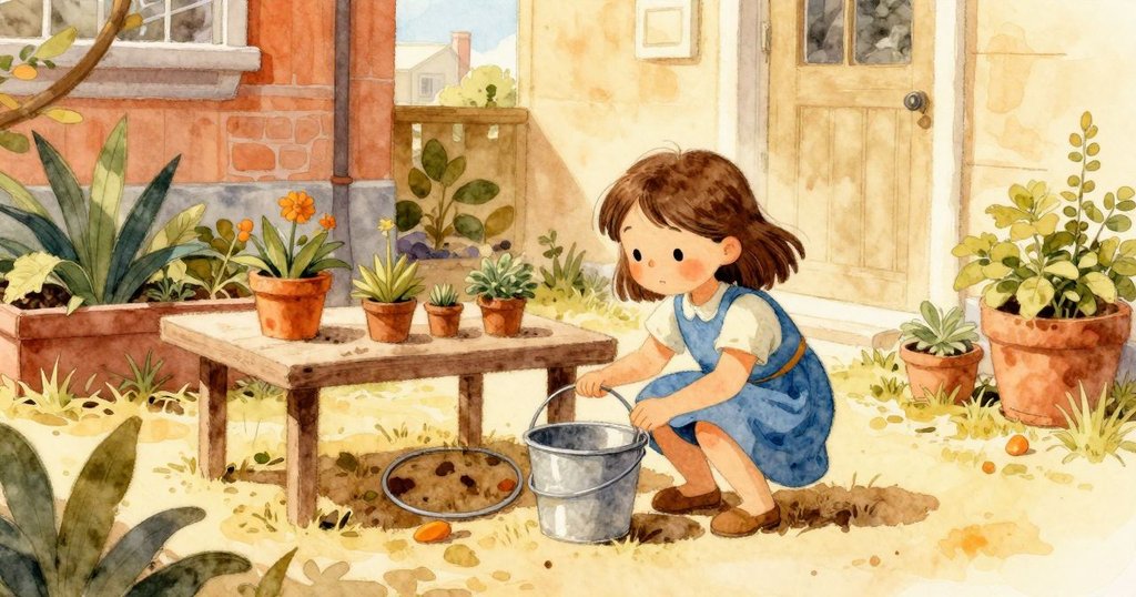 Olive 在城市小花園中蹲在低桌邊準備實驗，手法輕巧，背景充滿溫暖陽光與綠意