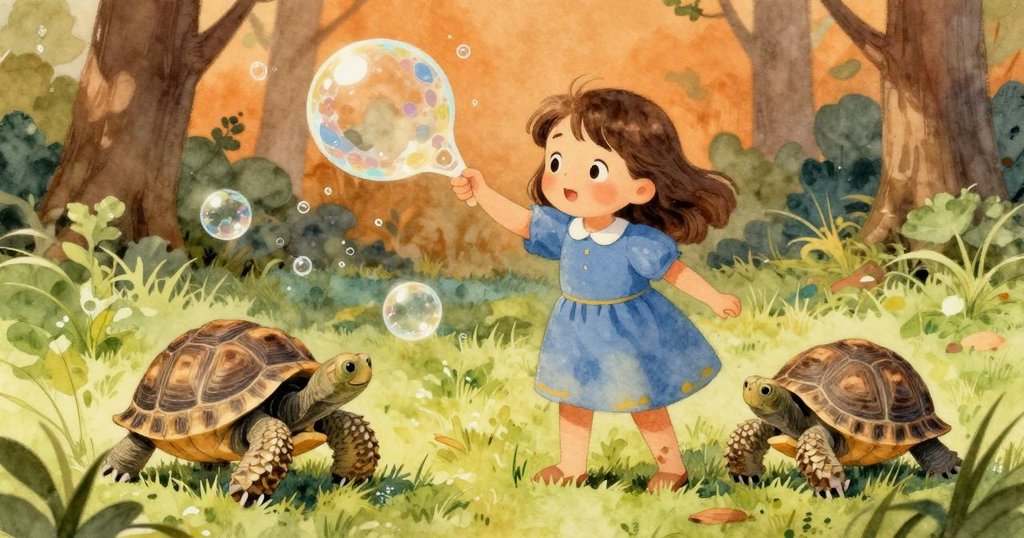 Olive 驚訝注視肥皂膜破裂瞬間，水珠在草地閃爍，烏龜因降滴輕微退縮，現場氣氛動感