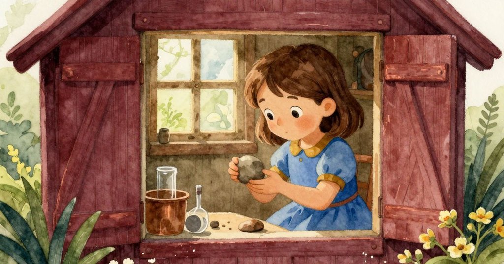 Olive 在花園棚子內細查實驗殘留物，手握小石穩住桌腳，室內透出窗光，氣氛寧靜溫暖