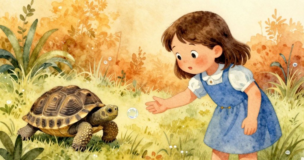 Olive 與因水珠驚退的烏龜溫柔互動，溫暖陽光下草地上留有實驗痕跡，彼此關懷感明顯