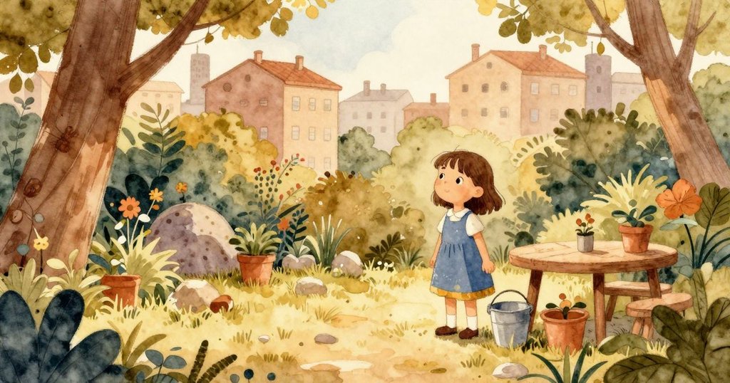 Olive 站在城市花園中注視實驗最後痕跡，烏龜靜靜曬太陽，整體景色在溫柔午後陽光下顯得寧靜