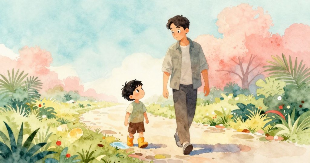 早晨薄霧中，Wade蹲在露水滲濕的葉子和水坑旁，父親在背景輕聲哼唱，顯示露天自然溫馨情景